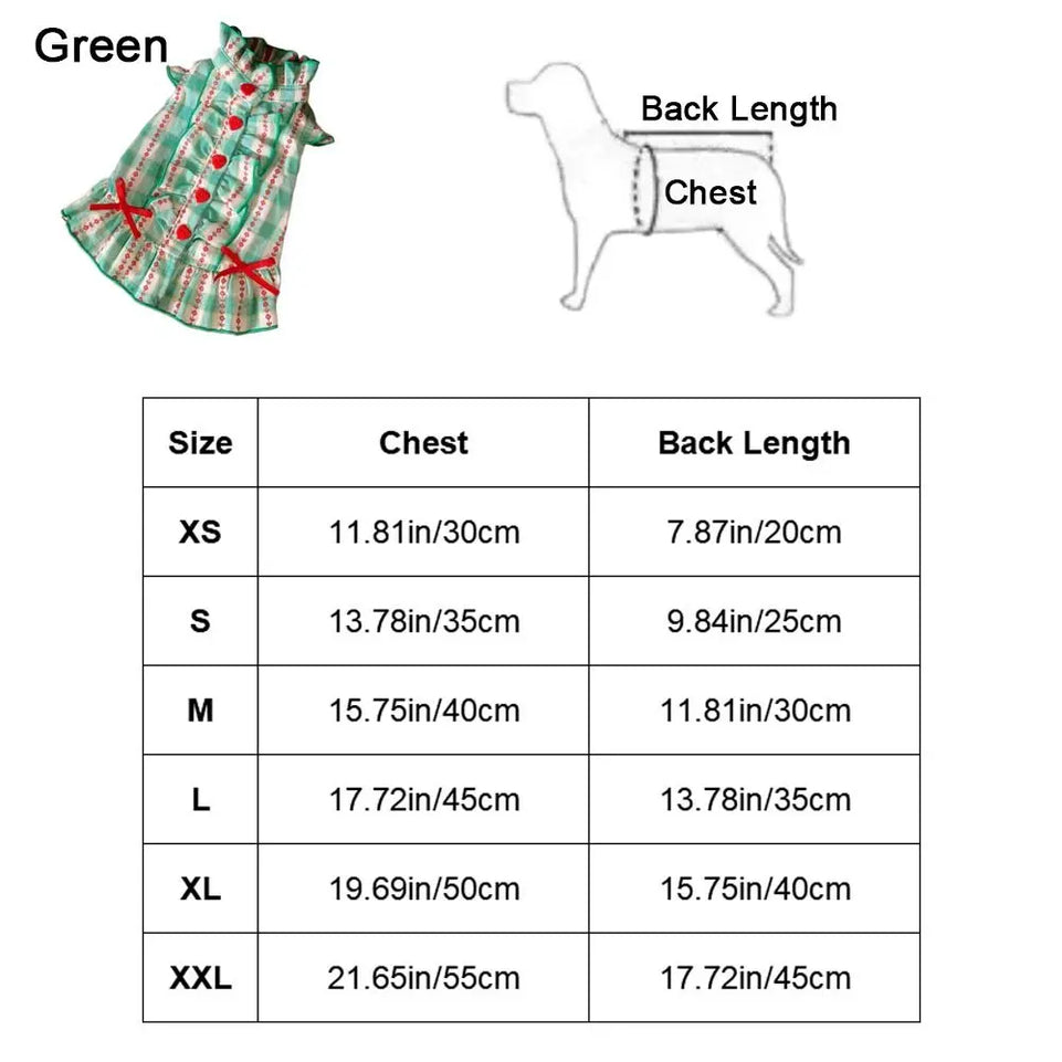 Fashion Polyester Fiber Pet Love Shirt Skirt INS Style Green Dog Plaid Shirt Skirt Cute Pet Plaid Dress Summer and Autumn