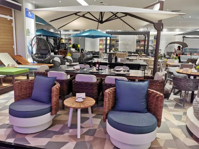 Modern Outdoor Furniture Set Waterproof Fire Pit with Teak Wooden Bench & Rattan Aluminum Cast Sofa Garden Living Room Hotels