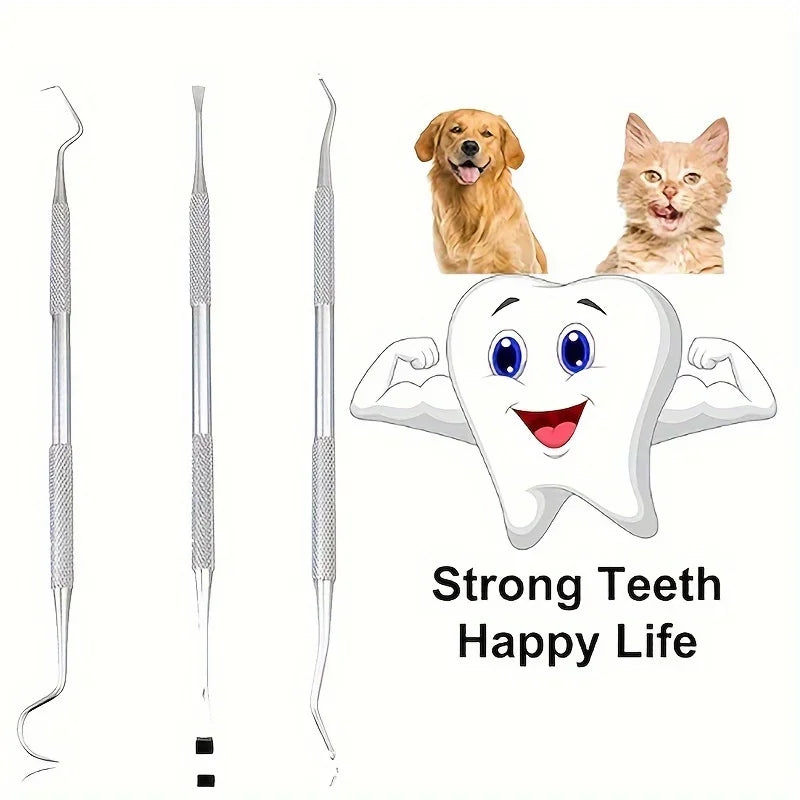 3Pcs Pet Dental Kit - Stainless Steel Dog & Cat Teeth Cleaning Tools Set, Plaque & Calculus Remover for Oral Hygiene Care