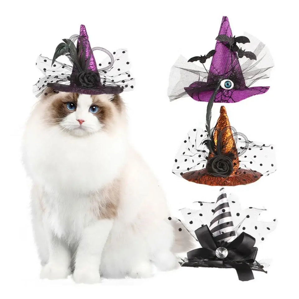 Pet Accessories Decorative Pet Witch Hat Adjustable Stripe Cat Cosplay Hat Lace Dog Bat Hat for Cat Puppy