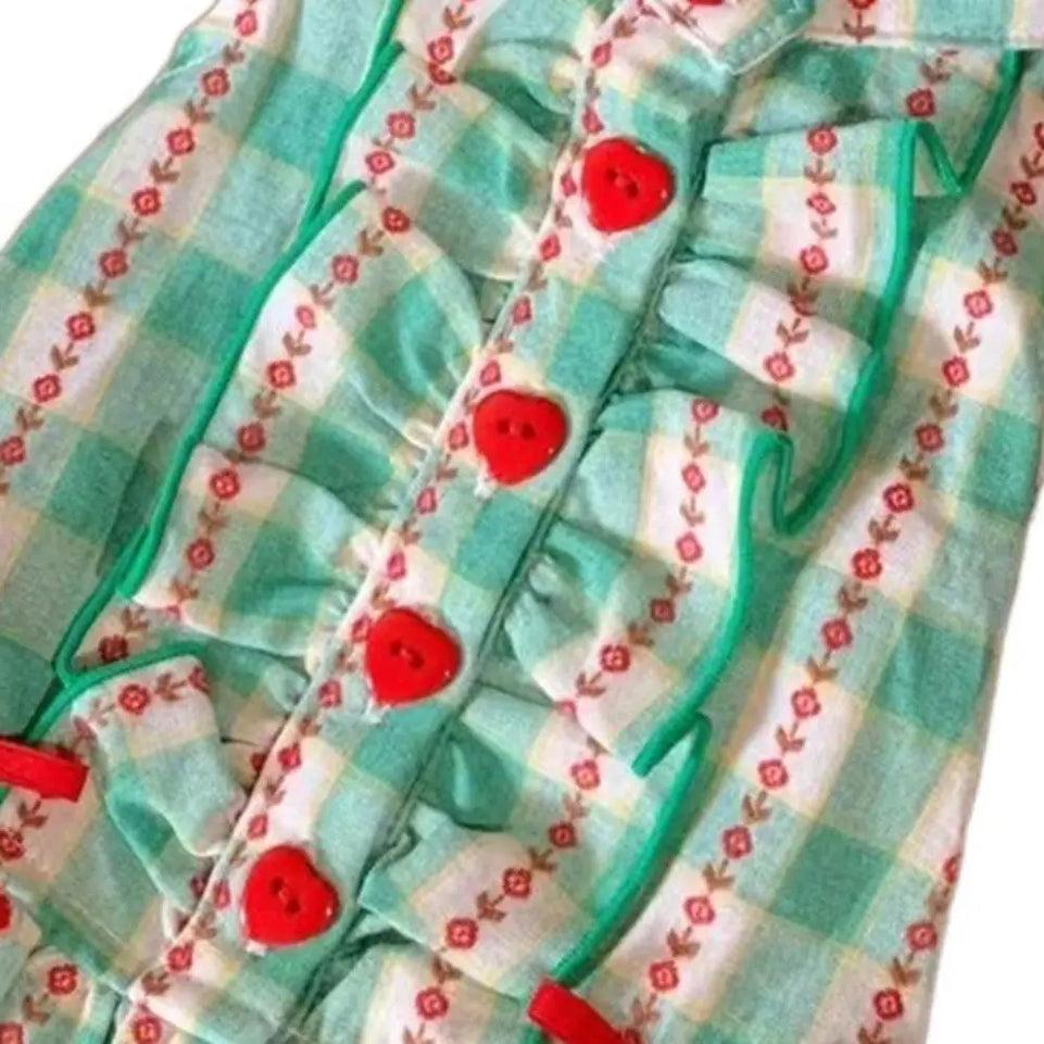 Fashion Polyester Fiber Pet Love Shirt Skirt INS Style Green Dog Plaid Shirt Skirt Cute Pet Plaid Dress Summer and Autumn
