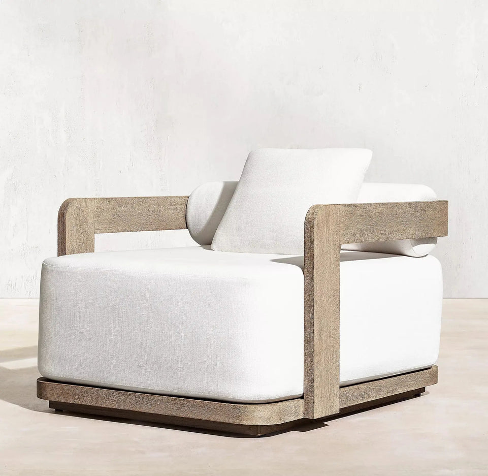 Modern Outdoor Furniture Set Waterproof Fire Pit with Teak Wooden Bench & Rattan Aluminum Cast Sofa Garden Living Room Hotels