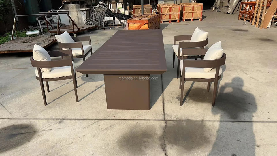 Modern Outdoor Furniture Set Waterproof Fire Pit with Teak Wooden Bench & Rattan Aluminum Cast Sofa Garden Living Room Hotels