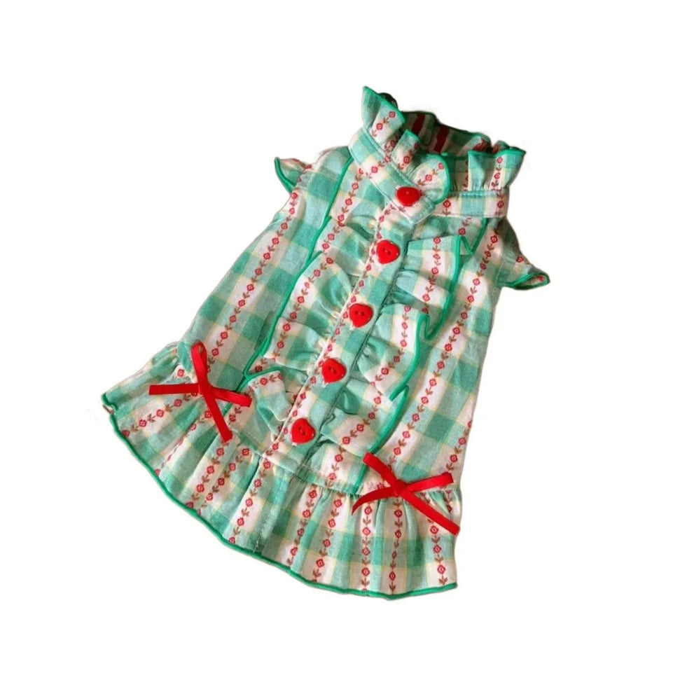 Fashion Polyester Fiber Pet Love Shirt Skirt INS Style Green Dog Plaid Shirt Skirt Cute Pet Plaid Dress Summer and Autumn