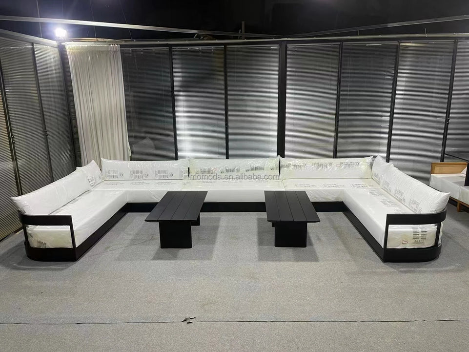 Modern Outdoor Furniture Set Waterproof Fire Pit with Teak Wooden Bench & Rattan Aluminum Cast Sofa Garden Living Room Hotels