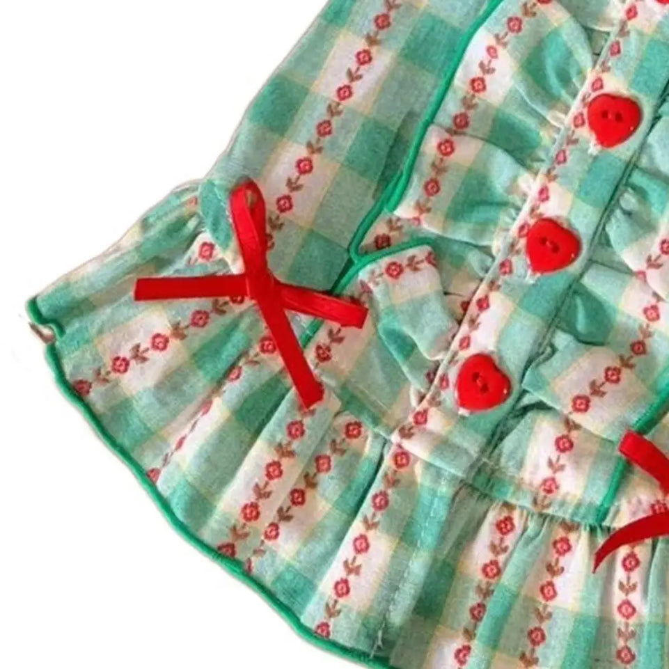 Fashion Polyester Fiber Pet Love Shirt Skirt INS Style Green Dog Plaid Shirt Skirt Cute Pet Plaid Dress Summer and Autumn