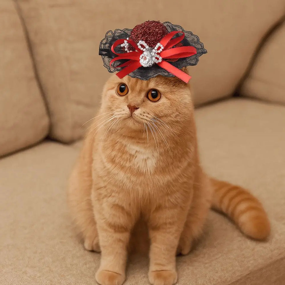Pet Accessories Adjustable Pet Halloween Hat Sequin British Style Cat Lace Hat Elastic Band Cat Cosplay Hat Photo Prop