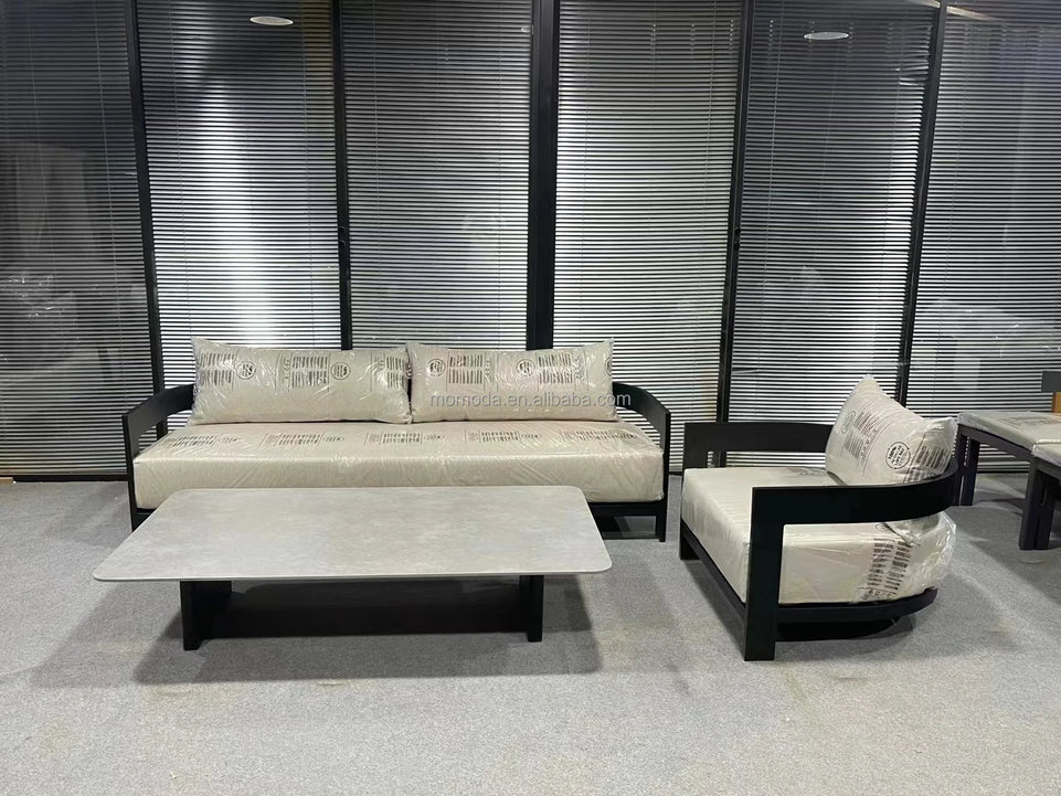 Modern Outdoor Furniture Set Waterproof Fire Pit with Teak Wooden Bench & Rattan Aluminum Cast Sofa Garden Living Room Hotels