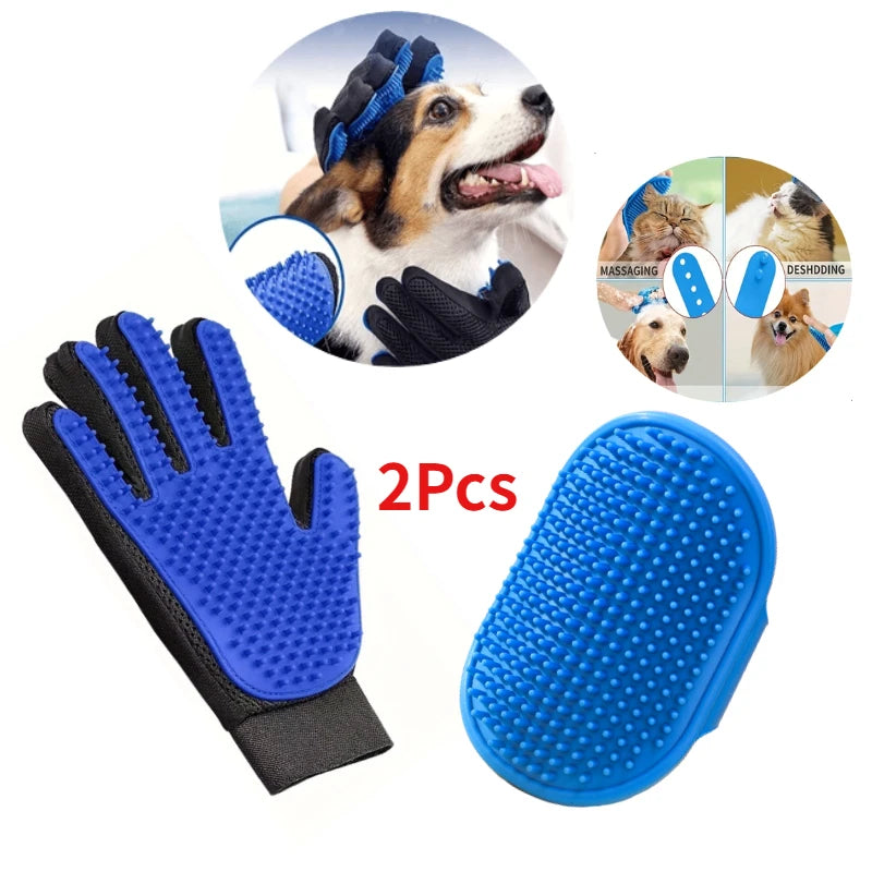 2Pcs Pet Grooming Kit for Dog Cat Rabbit Fur Grooming Brush Bath Cleaning Glove De-Shedding Pet Hair And Shower Brush