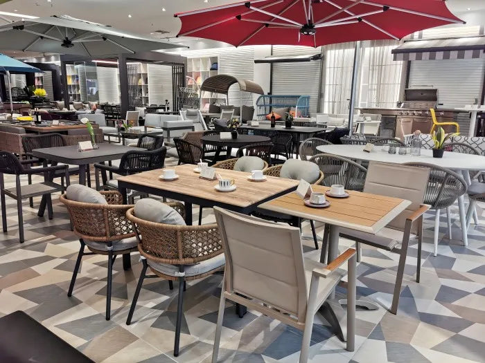 Modern Outdoor Furniture Set Waterproof Fire Pit with Teak Wooden Bench & Rattan Aluminum Cast Sofa Garden Living Room Hotels