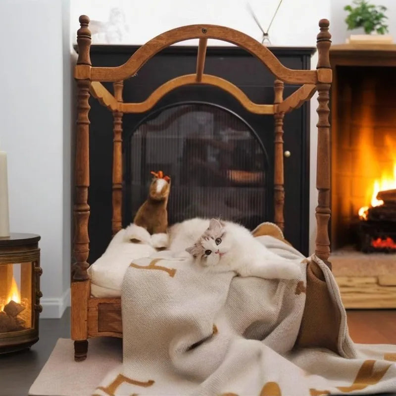 Solid Wood Pet Beds and Furniture Strong and Durable Vintage Small Cat Bed Luxury Design Cat Accessories Pets Products