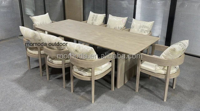 Modern Outdoor Furniture Set Waterproof Fire Pit with Teak Wooden Bench & Rattan Aluminum Cast Sofa Garden Living Room Hotels