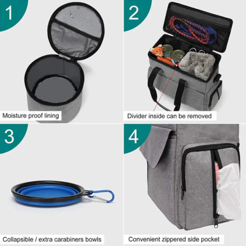 Dog Travel Bag for Supplies, Weekend Pet Travel Set , Airline Approved Tote Organizer with Multi-Function Pockets