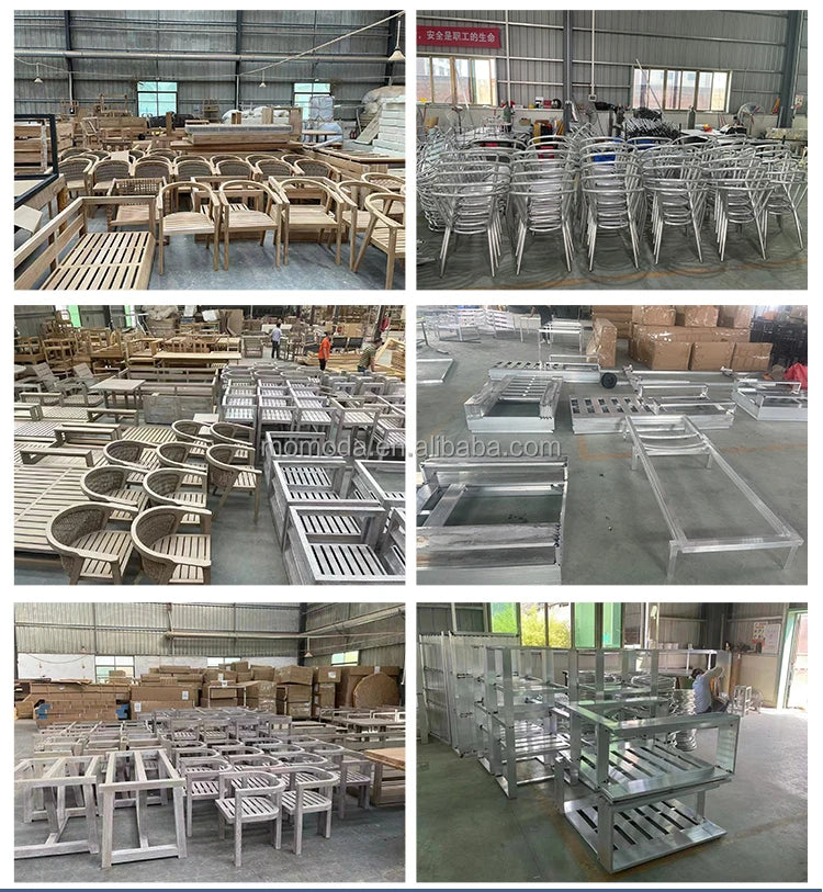 Modern Outdoor Furniture Set Waterproof Fire Pit with Teak Wooden Bench & Rattan Aluminum Cast Sofa Garden Living Room Hotels