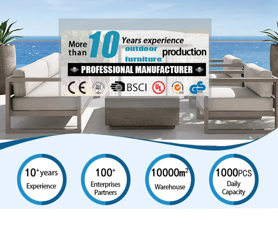 Modern Outdoor Furniture Set Waterproof Fire Pit with Teak Wooden Bench & Rattan Aluminum Cast Sofa Garden Living Room Hotels