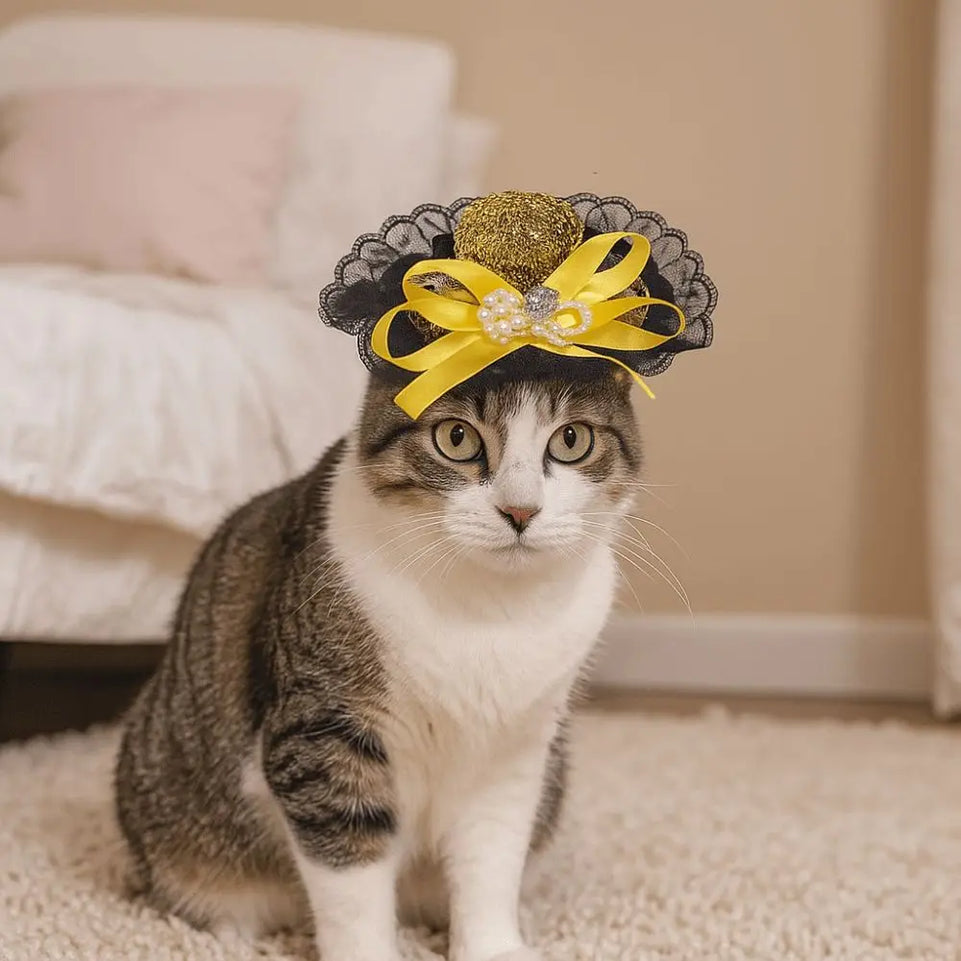 Pet Accessories Adjustable Pet Halloween Hat British Style Sequin Cat Lace Hat Elastic Band Pet Decorative Hat Pet Show