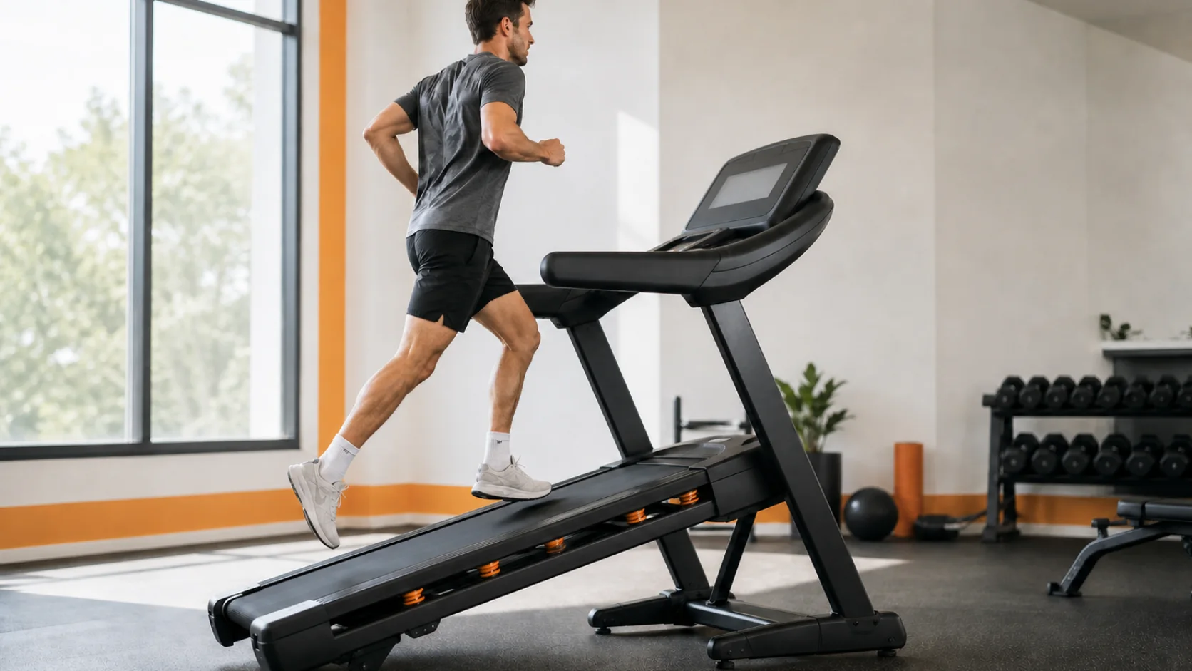Runner training on an inclined treadmill in a bright gym