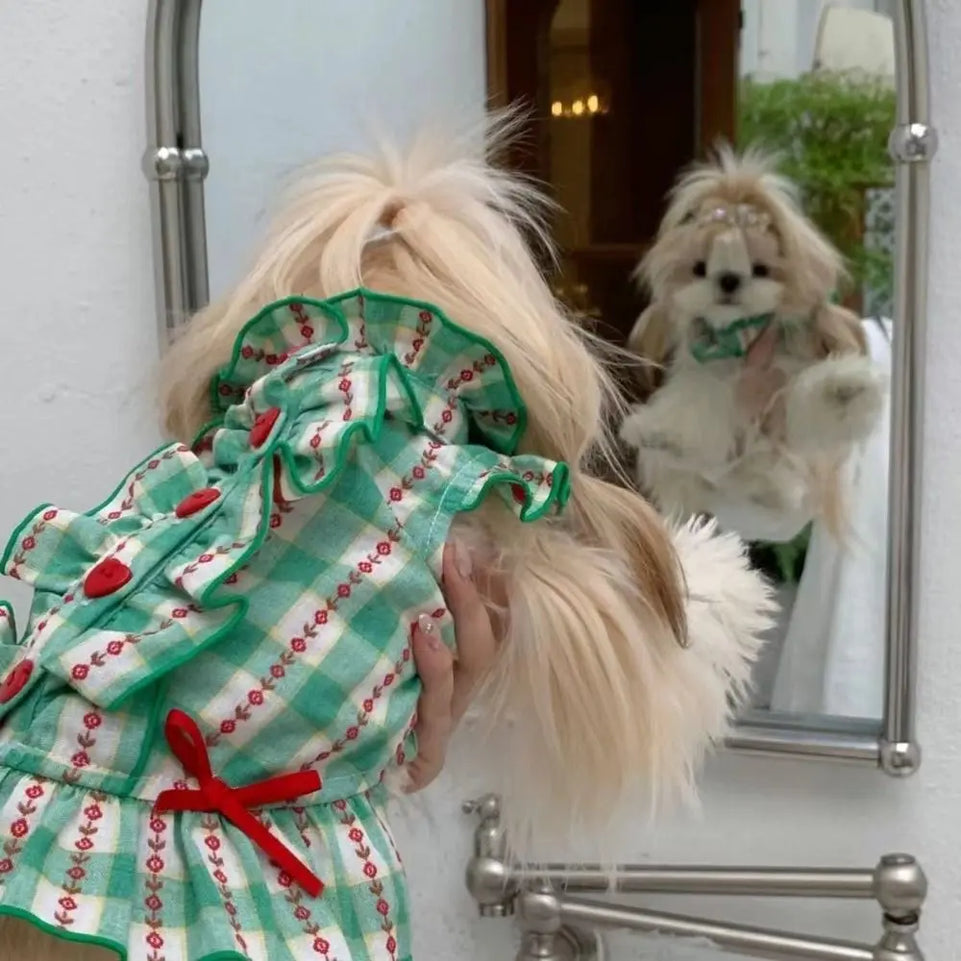 Fashion Polyester Fiber Pet Love Shirt Skirt INS Style Green Dog Plaid Shirt Skirt Cute Pet Plaid Dress Summer and Autumn