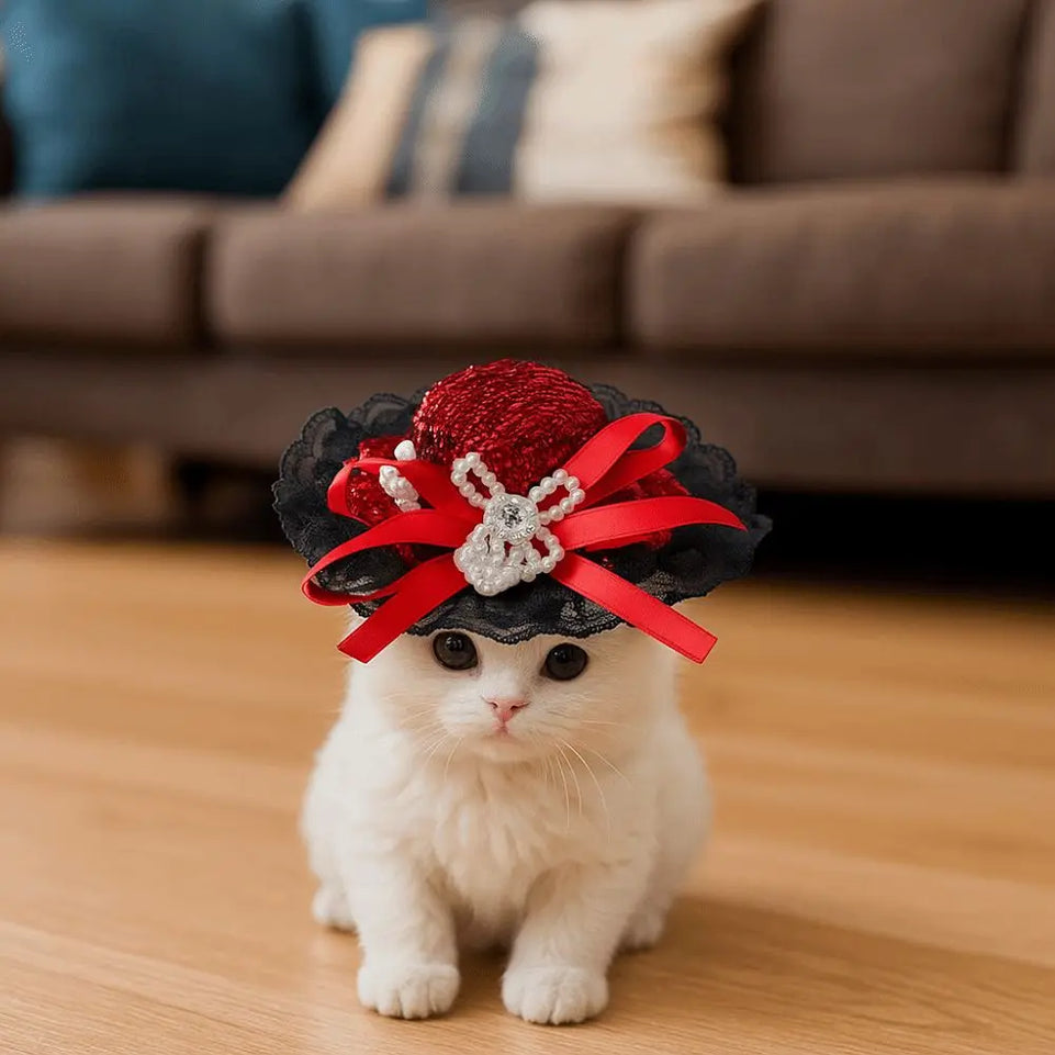 Pet Accessories Adjustable Pet Halloween Hat British Style Sequin Cat Lace Hat Elastic Band Pet Decorative Hat Pet Show