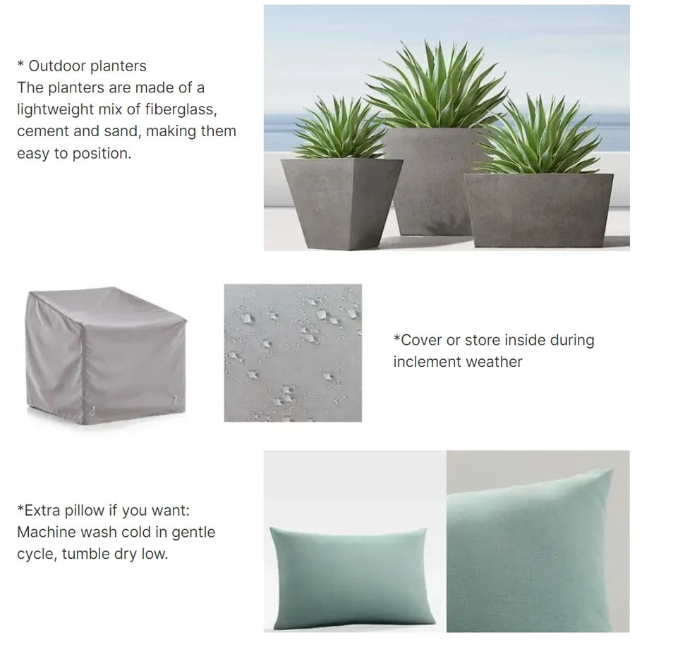 Modern Outdoor Furniture Set Waterproof Fire Pit with Teak Wooden Bench & Rattan Aluminum Cast Sofa Garden Living Room Hotels