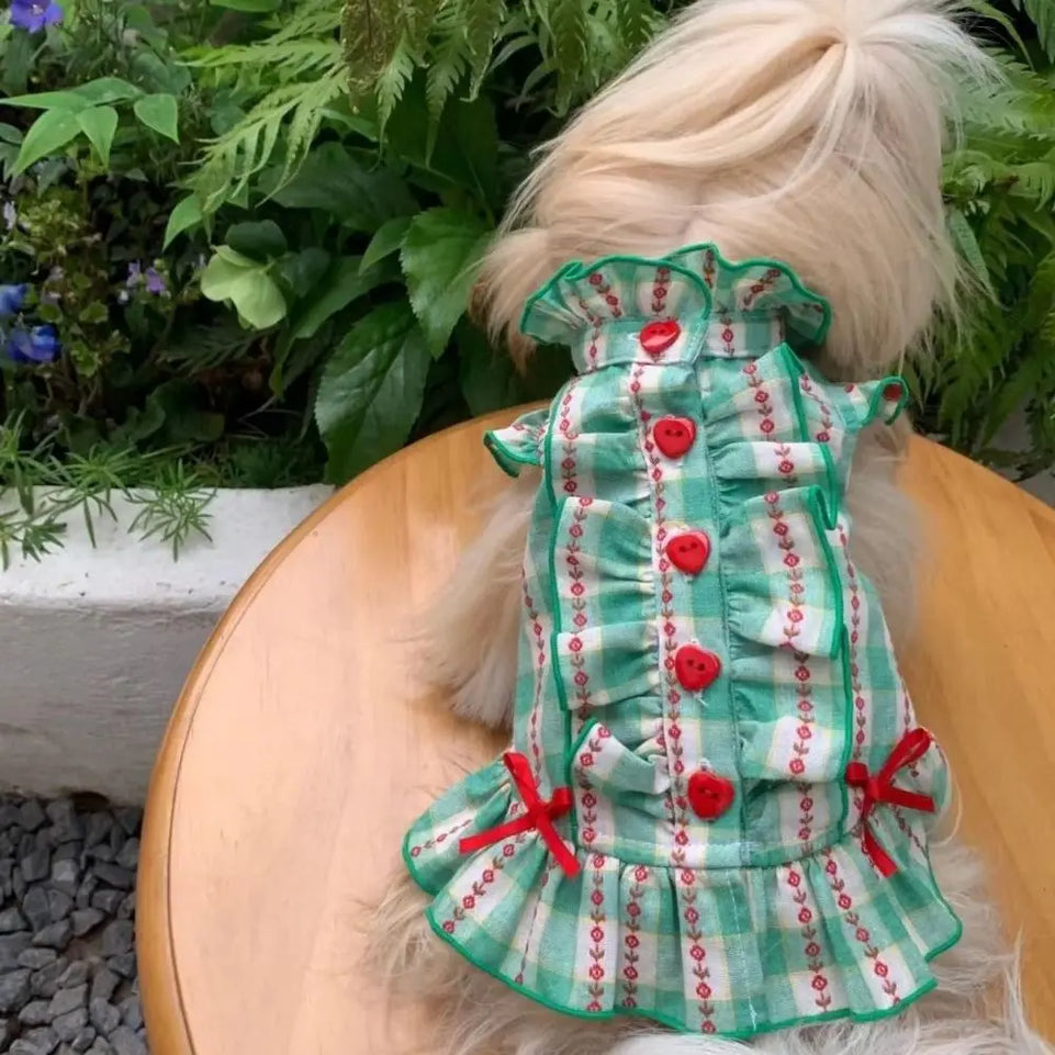 Fashion Polyester Fiber Pet Love Shirt Skirt INS Style Green Dog Plaid Shirt Skirt Cute Pet Plaid Dress Summer and Autumn