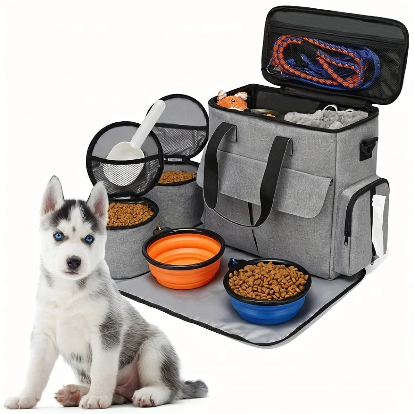 Dog Travel Bag for Supplies, Weekend Pet Travel Set , Airline Approved Tote Organizer with Multi-Function Pockets