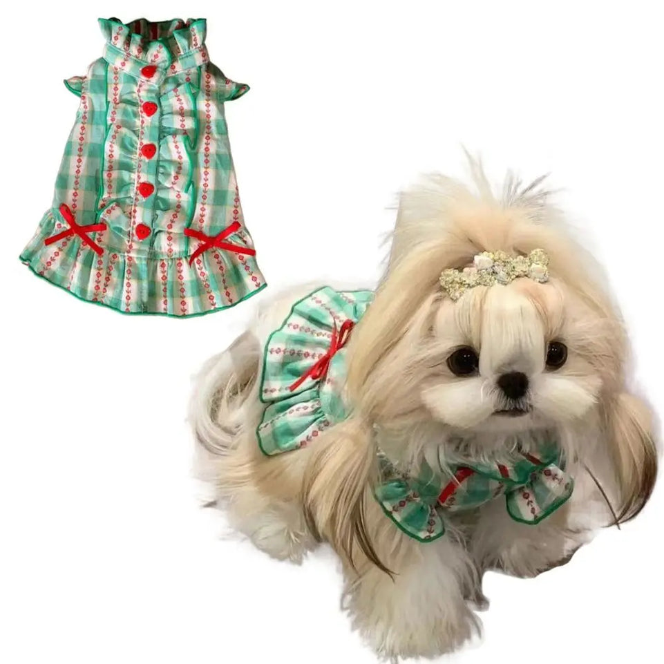 Fashion Polyester Fiber Pet Love Shirt Skirt INS Style Green Dog Plaid Shirt Skirt Cute Pet Plaid Dress Summer and Autumn
