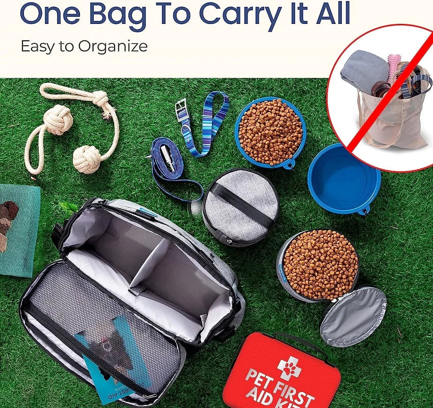Dog Travel Bag for Supplies, Weekend Pet Travel Set , Airline Approved Tote Organizer with Multi-Function Pockets