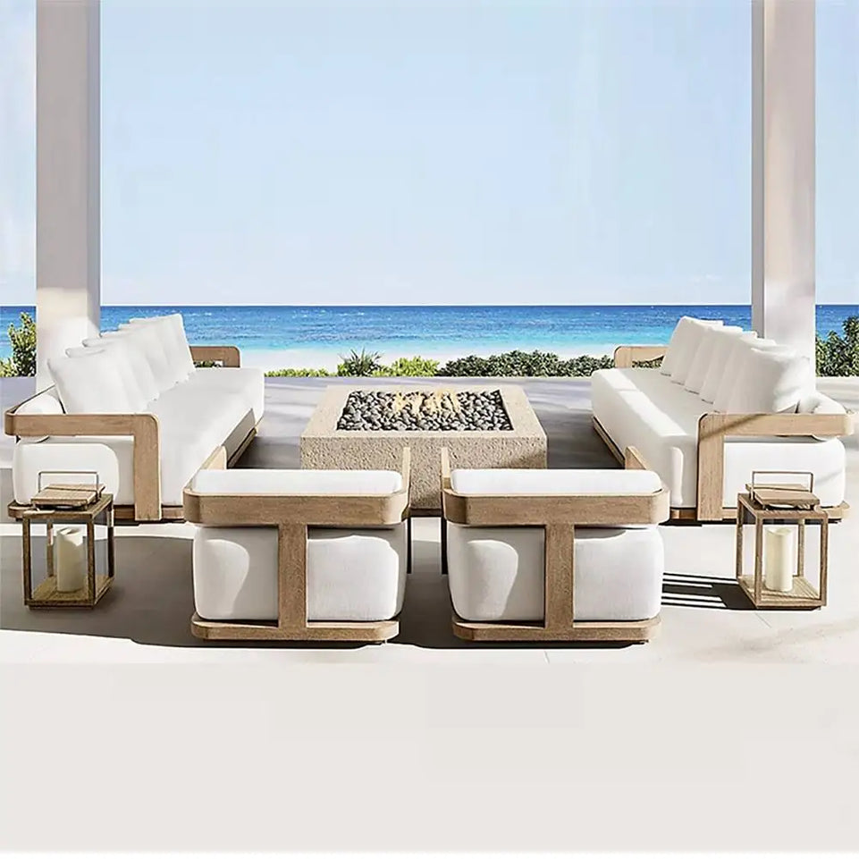 Modern Outdoor Furniture Set Waterproof Fire Pit with Teak Wooden Bench & Rattan Aluminum Cast Sofa Garden Living Room Hotels