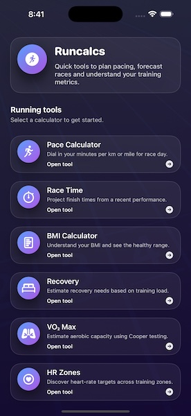 RunCalcs home screen showing the calculator library.
