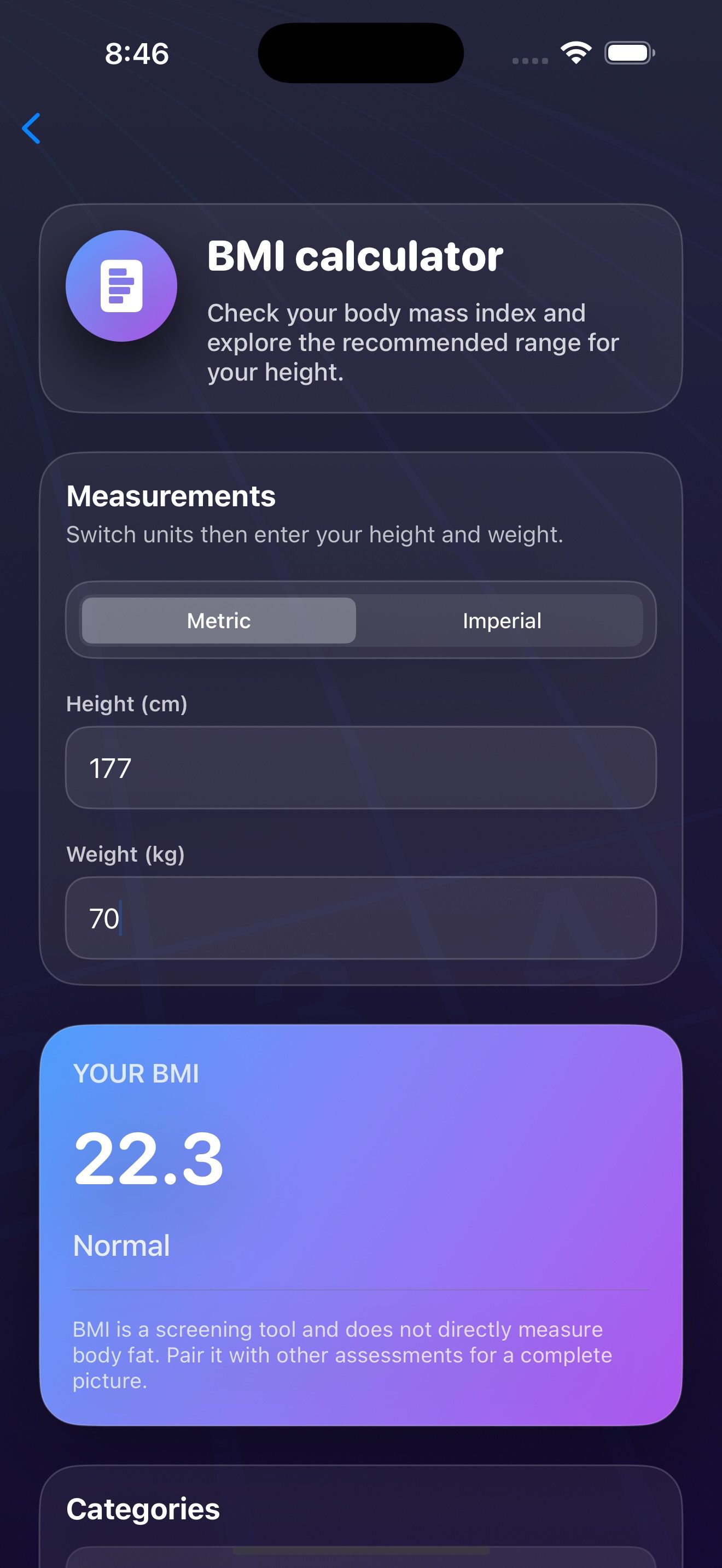 BMI calculator results with health ranges.