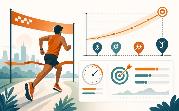 Illustration of a finish line, runner, race markers, and performance metrics