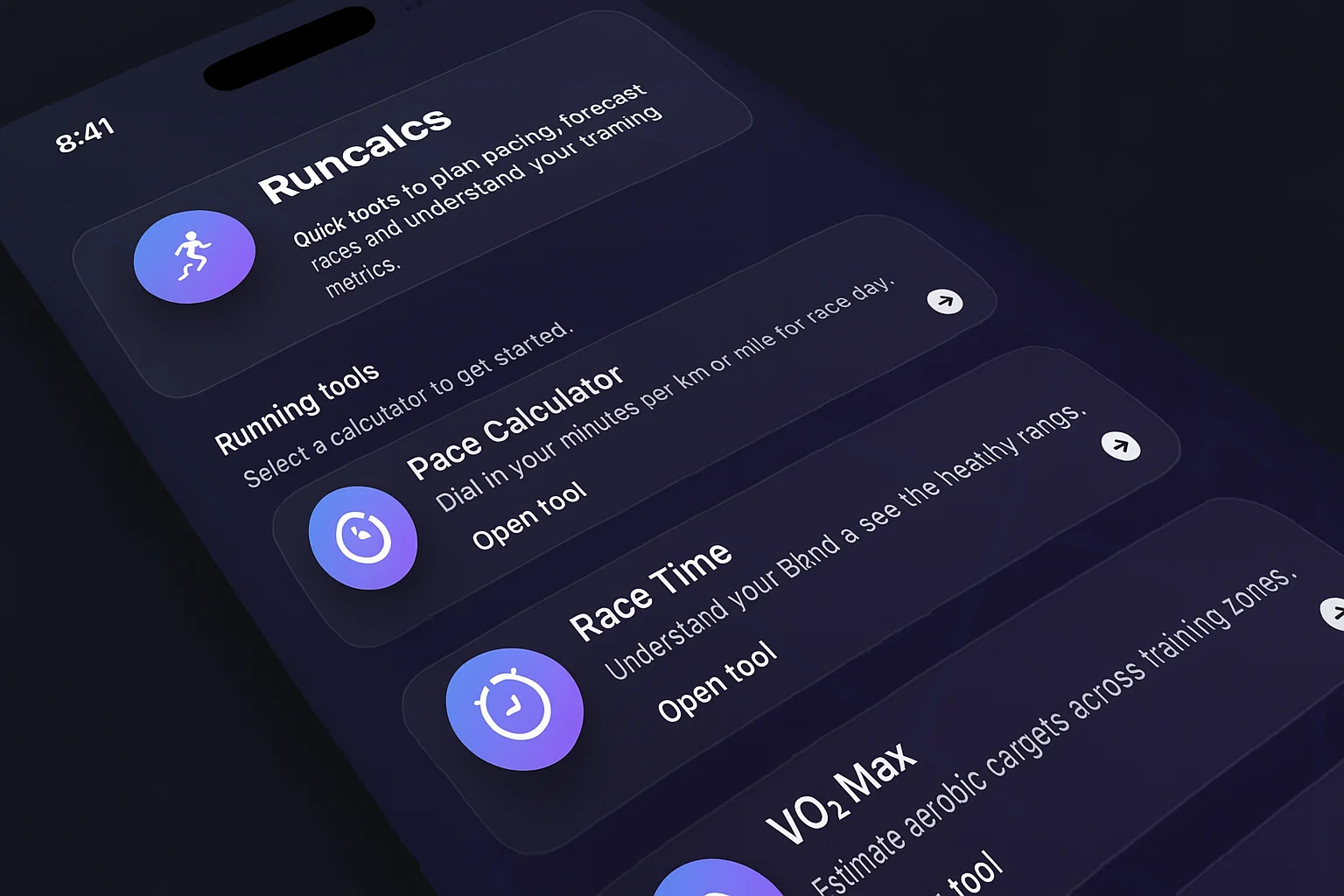 RunCalcs running calculators displayed in the iOS app